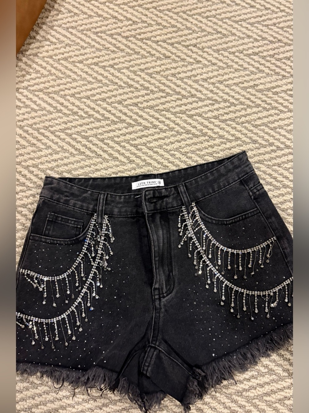 Black Embellished Denim Shorts